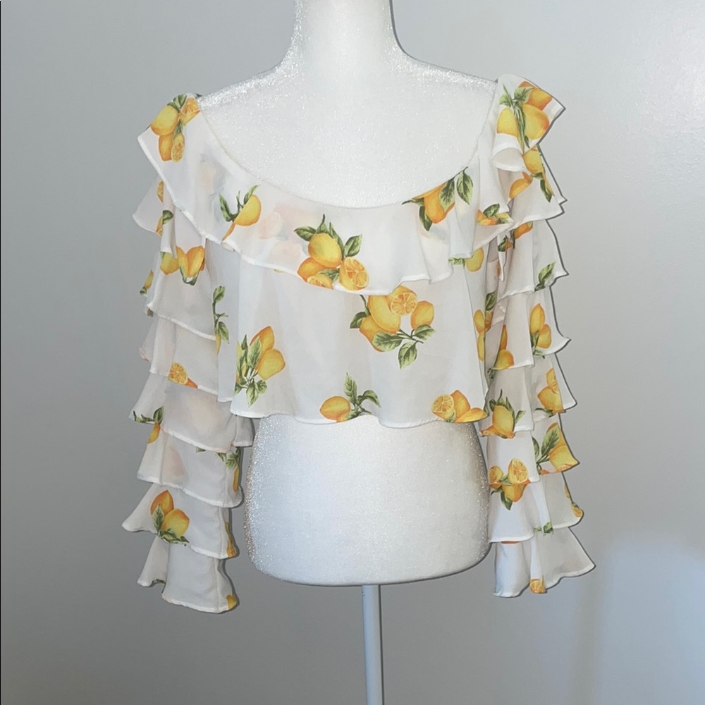 Forever 21 White and Yellow Ruffled Crop Blouse